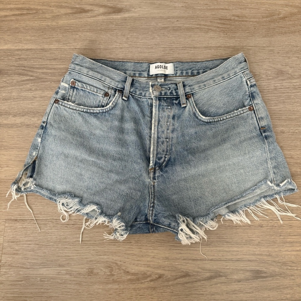 agolde medium blue high waisted rise distressed ripped denim jeans shorts bottom